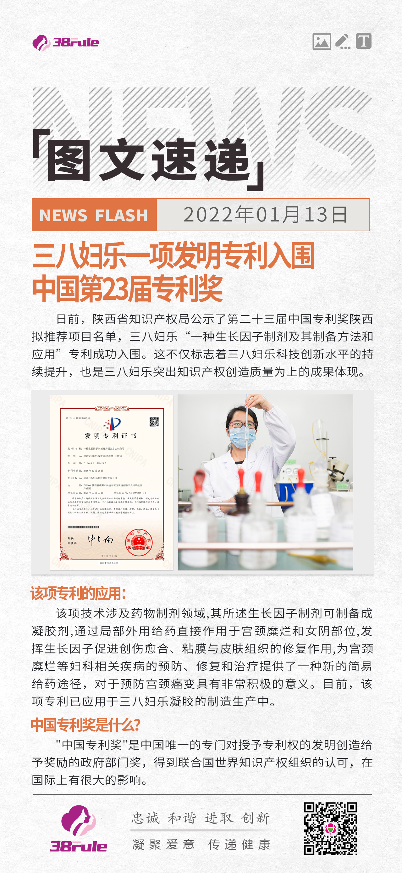 三八妇乐一项发明专利入围中国第23届专利奖